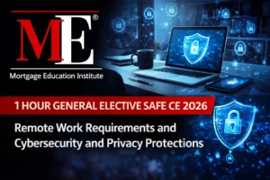 Laptop with cybersecurity shield and Mortgage Education logo